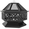 Outsunny 28" Outdoor Fire Pit with Grill Hexagon Fireplace Wood Burning Firepit with Cooking Grate, Fire Poker, Spark Screen Lid