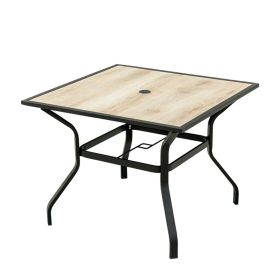 Outdoor Patio Dining Table Square Metal Table with Umbrella Hole and Wood-Look Tabletop for Porch,Garden,Backyard,Balcony(1 Table) (Color: as Pic)
