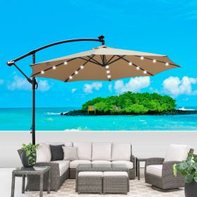 Tan 10 ft Outdoor Patio Umbrella Solar Powered LED Lighted Sun Shade Market Waterproof 8 Ribs Umbrella with Crank and Cross Base for Garden Deck (SKU: W65627949)