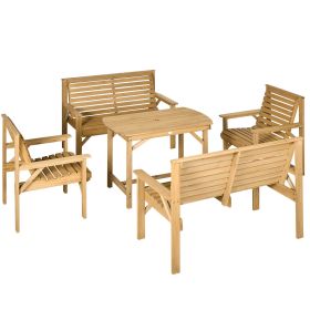 5 Piece Wooden Patio Dining Set for 6, Outdoor Conversation Set with 2 Armchairs, 2 Loveseats, and Dining Table with Umbrella Hole for Backyard (Color: as Pic)