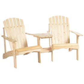 Outsunny Wooden Adirondack Chair for Two, Outdoor Fire Pit Chair Set with Table & Umbrella Hole, Patio Chairs for Deck Lawn Pool Backyard, Natura (Color: as Pic)